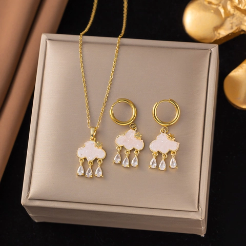 Parure de Bijoux en Acier Inoxydable Style Fée pour Femme Collier Pendentif Nuage Rose Bleu et Boucles d'Oreilles Strass