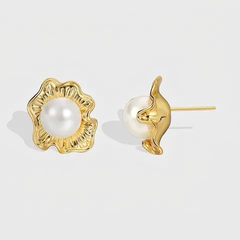 Pendientes de Botón de Flor de Cobre Vintage Con Perla Artificial Poste de Plata Ley 925 Oro Elegante Mujer Joyería