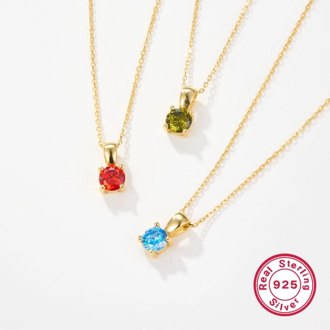 925 Sterling Silver Birthstone Necklace Round Zirconia Pendant Gold Plated Minimalist Fine Jewelry For Women Gift