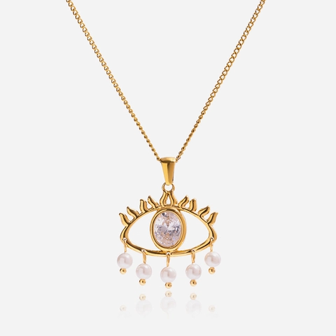 Vintage Stainless Steel Evil Eye Pendant Necklace Gold Plated Zircon Artificial Pearl Bohemian Jewelry For Women Daily Accessories