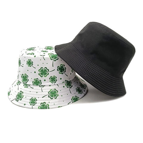 Omkeerbare Vissershoed Polyester Klaver Print Zonbescherming Buiten Retro Mode Voor Heren Dames