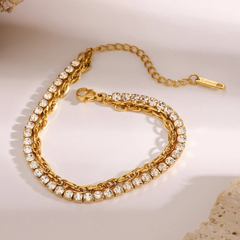 Double Layer Stainless Steel Gold Plated Bracelet For Women Elegant Cubic Zirconia Tennis Chain Link Jewelry Trendy Ins Style