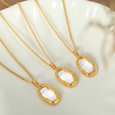 French Minimalist Irregular Geometric Pendant Necklace Titanium Steel Gold Plated Mother Of Artificial Pearl Inlay Retro Women
