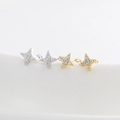 Boucles d'Oreilles Clous Étoile en Argent Sterling 925 pour Femmes Plaqué Or 14K Zirconia Fermoir à Vis Bijoux Chic