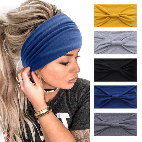 Wide Cotton Sports Headband Elastic Sweat Wicking Yoga Hairband Twisted Bow Design Fashion Workout Hair Accessories For Women