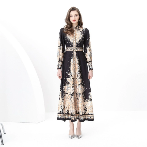 Abito Maxi Vintage Con Stampa Paisley Barocca Per Donna Elegante A Maniche Lunghe Con Cintura E Colletto A Revers