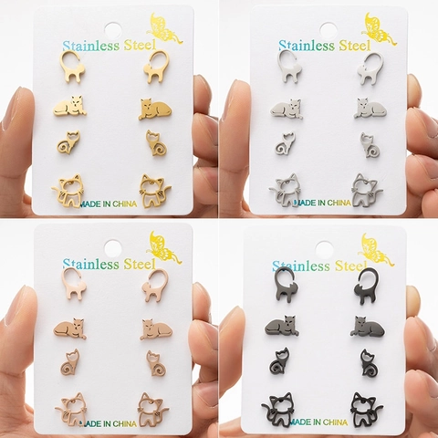 Pendientes de Botón de Gato de Acero Inoxidable Forma de Animal Minimalismo Joyería para Mujer Uso Diario Escuela Multicolor