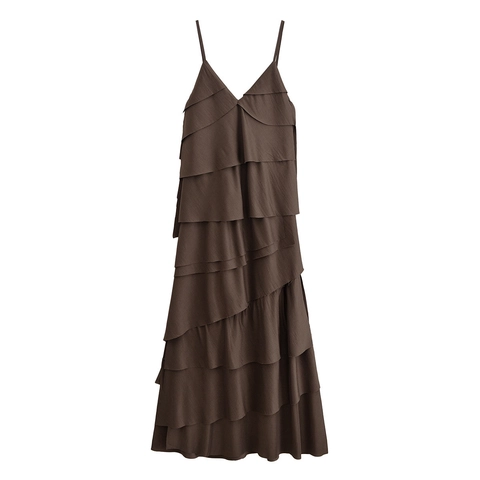 Vestido Maxi Casual de Capas para Mujer Color Sólido Cuello en V Camisola Verano Holgado Volantes Vestido de Sol Marrón Oscuro Poliéster