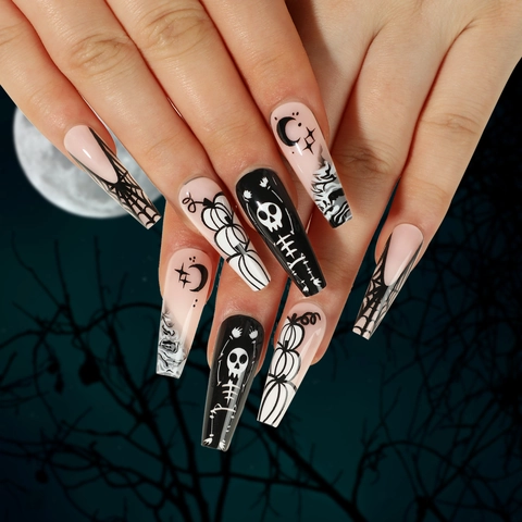 Unghie Finte Halloween Pressione Forma Bara Lunghe Motivi Ragnatela Teschio Zucca Luna Stelle Stile Gotico Scuro Donne