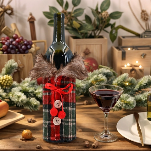 Christmas Wine Bottle Cover Faux Fur Collar Plaid Herringbone Design Festive Table Decor For Xmas Party Dining Decoration