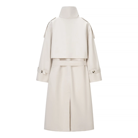 Trench-Coat Long Pour Femmes Double Boutonnage Avec Ceinture Tissu Polyester Coupe-Vent Décontracté Élégant Mode Couleur Unie