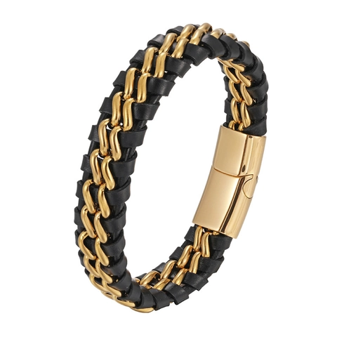 Braided Genuine Leather Bracelet Men Stainless Steel Chain Magnetic Clasp Retro Punk Minimalist Geometric Wristband