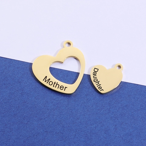Heart Shape Pendants 304 Stainless Steel 18K Gold Plated Engraved Mother Dad Son Daughter DIY Jewelry Making Polished Charms