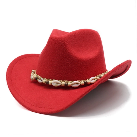 Sombrero De Vaquero Western Fedora De Fieltro Ala Ancha Estilo Étnico Con Decoración De Conchas Y Cuentas De Madera