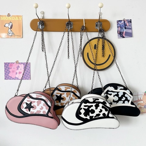 Sac Bandoulière En Forme De Chapeau De Cow-boy Cuir PU Imprimé Vache Décor Étoile Nouveauté Style Western Femmes Chaîne Métallique
