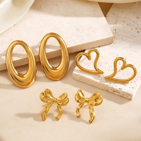 Vergoldete Edelstahl Ohrstecker Herz Schleife Oval Geometrisch Trendiger Modeschmuck Für Damen Alltag
