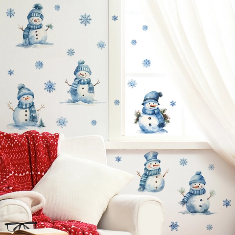 Weihnachten Aquarell Schneemann Fensteraufkleber PVC Statisch Haftende Decals Für Schaufenster Heim Wand Dekoration