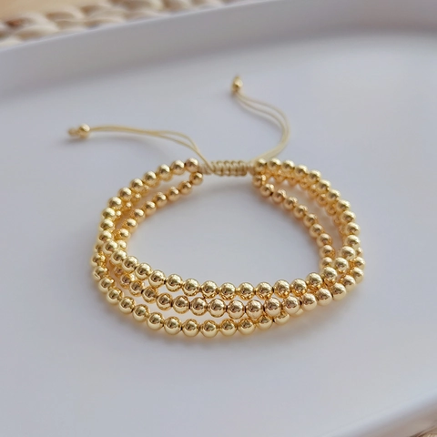 Multi Layer Stackable Bead Bracelet Plated Copper Geometric Adjustable Drawstring Cord For Women