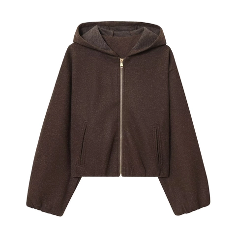 Women Hooded Zipper Jacket Thick Woolen Fabric Casual Streetwear Solid Brown Loose Fit Outerwear