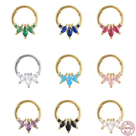 925 Sterling Silver Nose Ring Septum Clicker Hinge Hoop Marquis Zirconia Cartilage Earring Jewelry For Women