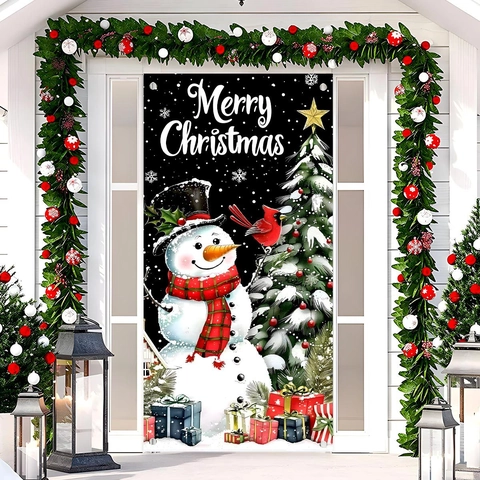 Kerst Deur Banner Polyester Sneeuwpop Kerstboom Sneeuwvlok Hangende Vlag Buiten Tuin Huis Entree Decoratie
