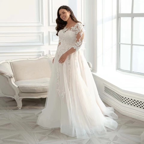 Off Shoulder Trouwjurk Lange Mouwen Kant Applicatie Hoge Taille Sleep Mesh Bruidsjurk Grote Maat Elegant