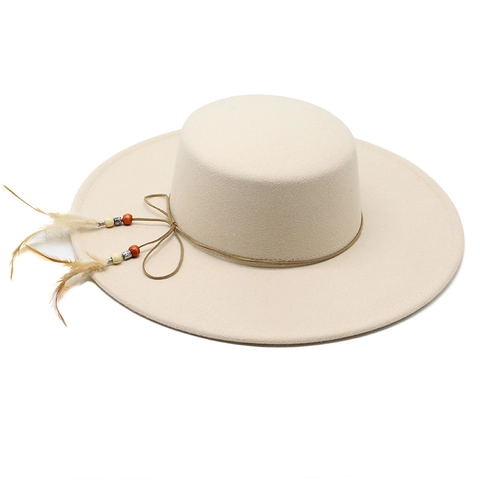 Women Retro French Flat Top Boater Hat Wide Brim Cotton Polyester Felt With Feather Bead Leather Cord Decoration