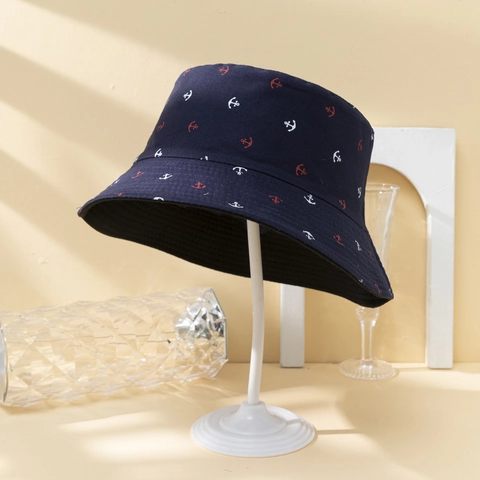 Chapeau Bob Réversible Motif Ancre Polyester Protection Solaire Style Marine Nautique Double Face Casquette Extérieure