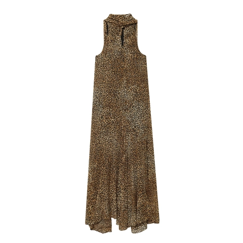 Leopard Muster Chiffon Maxi Kleid Halfter Ausschnitt Ärmellos Sexy Rückenfrei Langes Sonnenkleid Für Damen