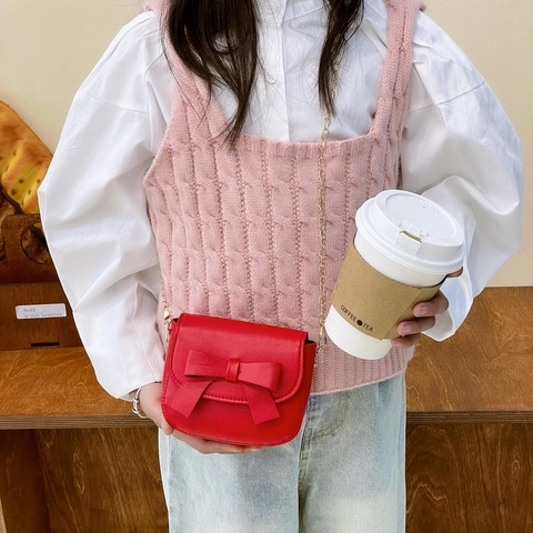Girls Mini Crossbody Bag PU Leather Bowknot Decor Metal Chain Strap Cute Princess Shoulder Purse For Kids