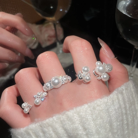 Vintage French Style Open Adjustable Ring With Imitation Artificial Pearl And Zircon Copper Material Elegant Jewelry For Women