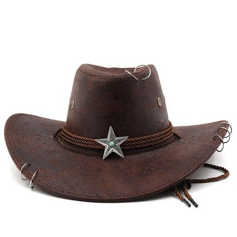 Cappello Cowboy Western Vintage Donna Retrò Pelle Sintetica Fedora Tesa Larga Cappello Da Viaggio Con Stella