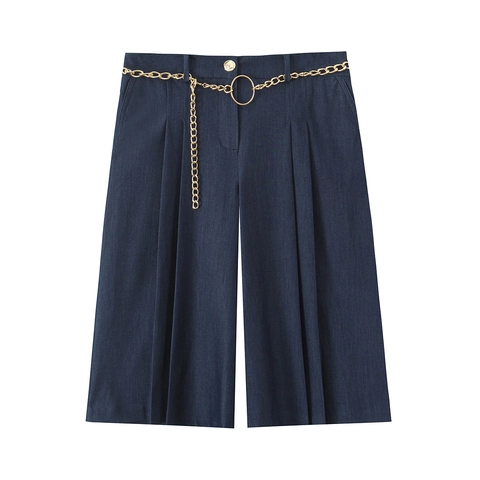 Damen Weites Bein Shorts Hohe Taille Dunkelblau Mit Goldener Metallkette Gürtel Lässig Büro Lady Culottes