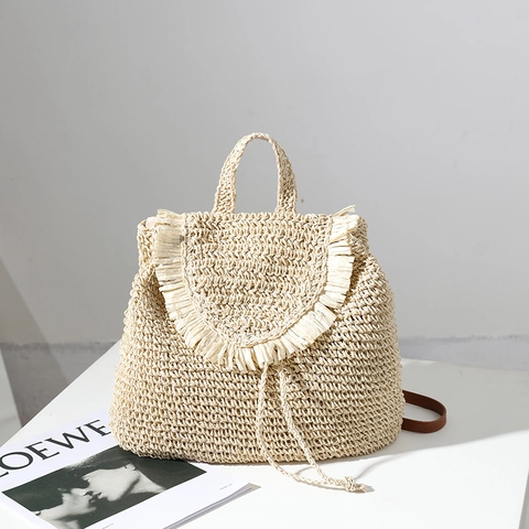 Women Straw Woven Backpack Summer Beach Vacation Bag With Tassels And Drawstring Closure Casual Fashion