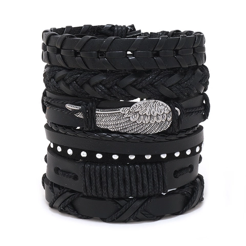 Vintage Herren Lederarmband Kollektion Legierung Feder Gitarre Flügel Anhänger Geflochten Stapelbar Punk Schmuck
