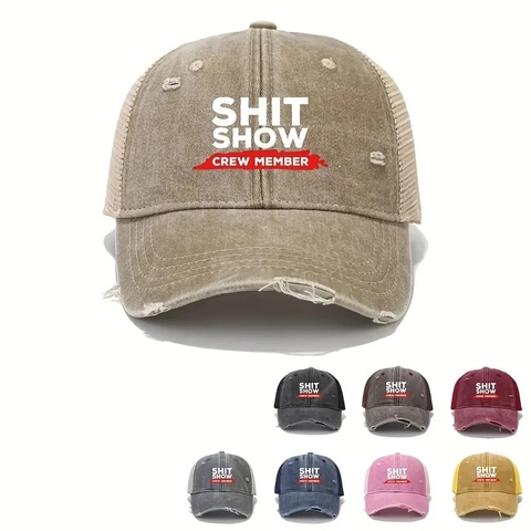 Gewaschene Baumwolle Distressed Baseballkappe Mesh Trucker Hat Shit Show Crew Member Print Verstellbar Atmungsaktiv Outdoor