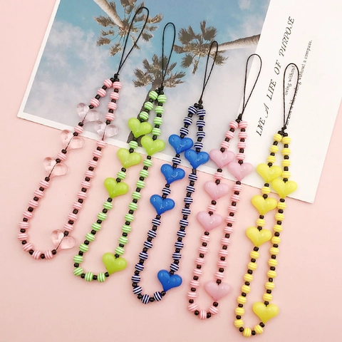 Cinturino Per Telefono Cuore Perline In Resina Acrilica A Righe Lanyard Per Donne Ragazze Dolce Colorato Moda
