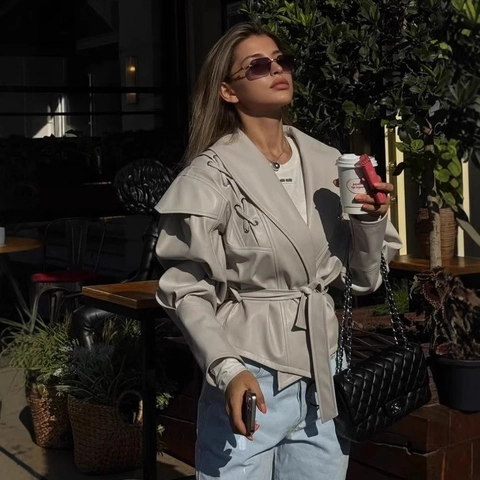Women Vintage Faux Leather Jacket Retro Biker Style Outerwear With Drawstring Waist And Shoulder Lace Up Detail