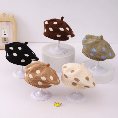 Polka Dot Knit Beret Hat For Toddler Girls Warm Acrylic Winter Beanie Retro Painter Style Kids Cap