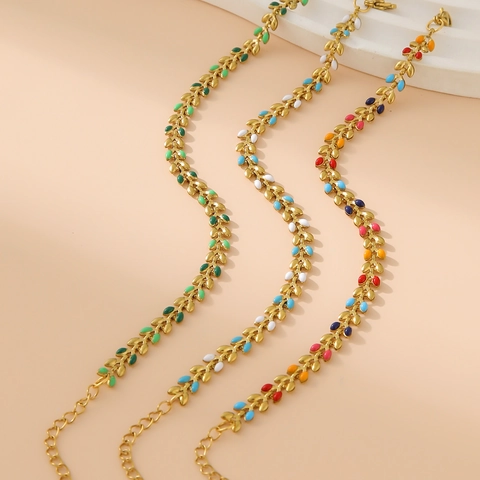 Stainless Steel Leaf Bracelet Gold Plated Olive Branch Enamel Colorful Dainty Fashion Jewelry For Women