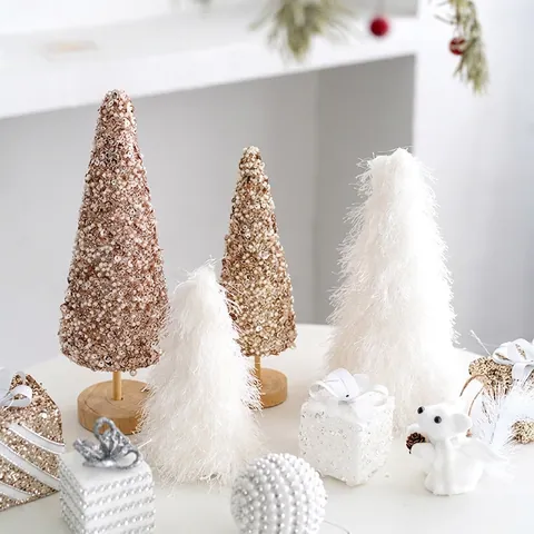 Mini Weihnachtsbaum Tischdekoration Künstlicher Schaumstoff Plüsch Baum Glitzernde Pailletten Künstliche Perle Feiertag Ornament