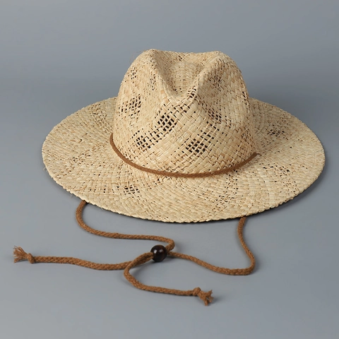 Women Natural Raffia Straw Fedora Hat Wide Brim Summer Beach Sun Protection Breathable Bohemian Jazz Hat With Chin Strap
