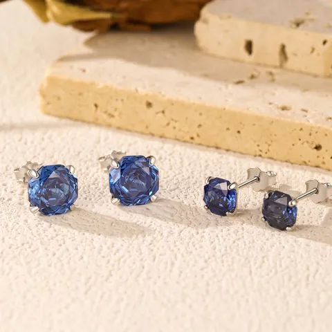 Royal Blue Zircon Stud Earrings With 925 Sterling Silver Earring Post Octagon Rose Cut Minimalist Jewelry For Women