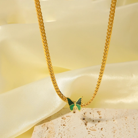 Collana Con Ciondolo A Farfalla Verde Vintage Francese In Acciaio Inossidabile Placcato Oro 18K Gioielli Per Donna