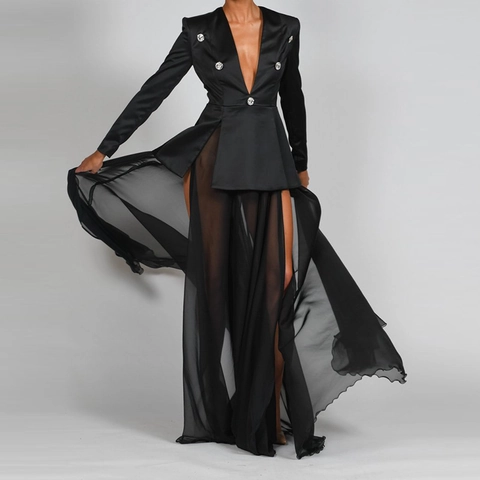 Dames Satijnen Blazer En Chiffon Maxi Rok Lange Mouwen Diepe V Hals Strass Knopen Elegant Sexy Slanke Pasvorm Zwart