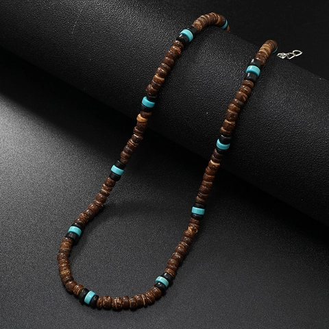 Men Beaded Necklace Vintage Coconut Shell Wood Synthetic Turquoise Bohemian Surf Beach Vacation Retro Jewelry