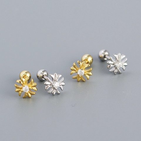 Boucles D Oreilles Clous Croix Florale Avec Tige En Argent Sterling 925 Et Zirconium Fermoir À Vis Style Vintage