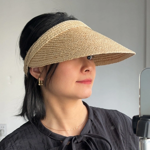 Chapeau Visière En Paille De Raphia Pour Femmes Large Bord Protection Solaire Dessus Vide Style Bandeau Plage Été Respirant