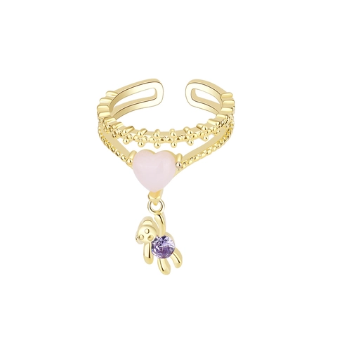 Doppelschichtiger Ring Pinkes Herz Bärenanhänger Lila Zirkon Verstellbar Süßer Modeschmuck Für Damen