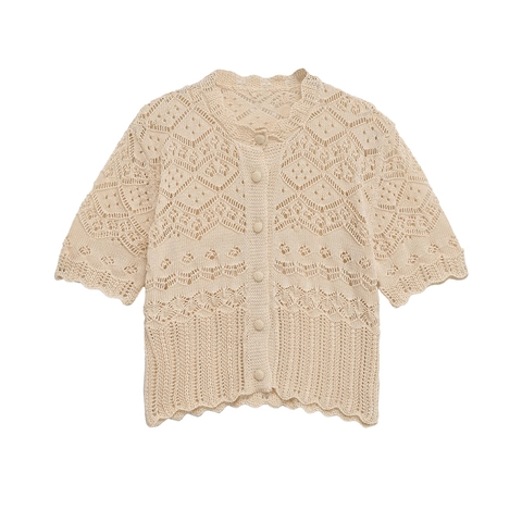 Women Mercerized Cotton Crochet Knit Cardigan Short Sleeve Hollow Out Scalloped Edge Button Up Elegant Retro Top